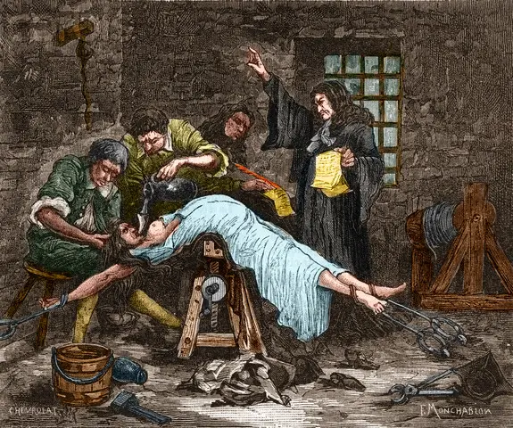 Madame de brinvilliers sendo forçada a ingerir água antes de ser decapitada em 1676. Ela foi condenada por envenenar vários membros de sua família para obter suas heranças. --- imagem © stefano bianchetti / corbis