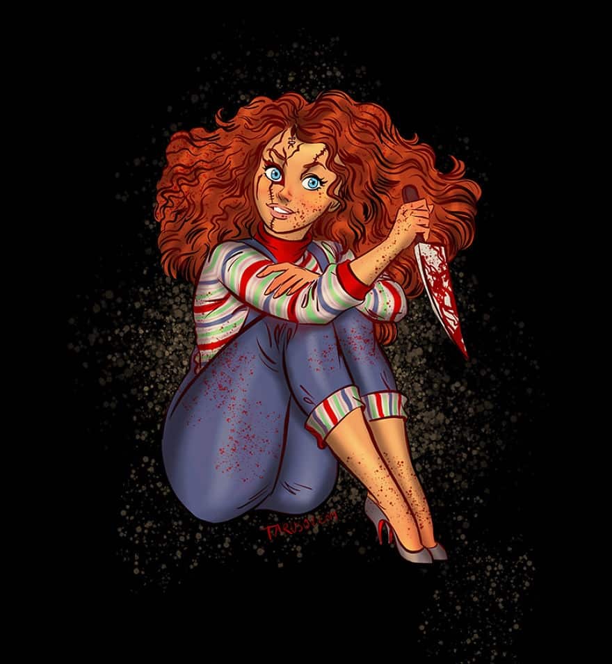 Artista transforma vilões clássicos do terror em princesas da disney 5 Chucky • mundo sombrio