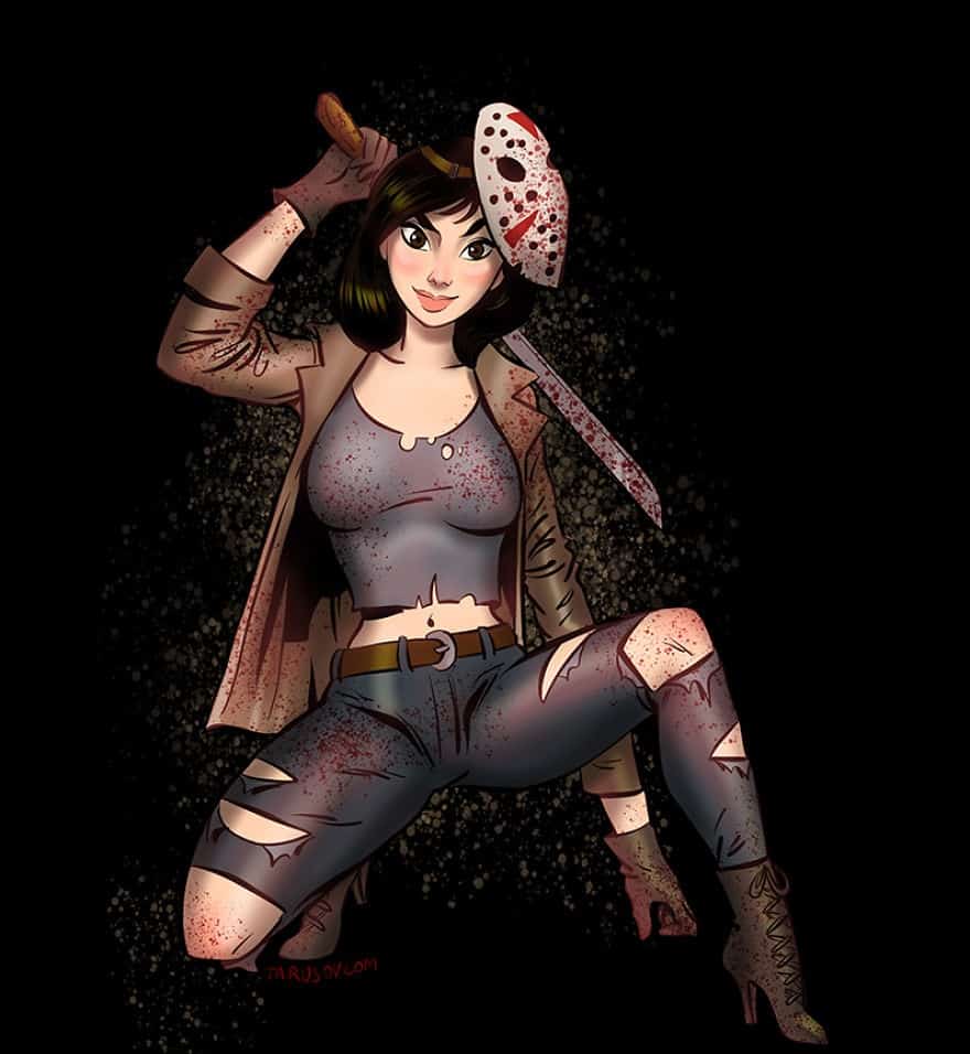 Artista transforma vilões clássicos do terror em princesas da disney 10 Jason mulan • mundo sombrio